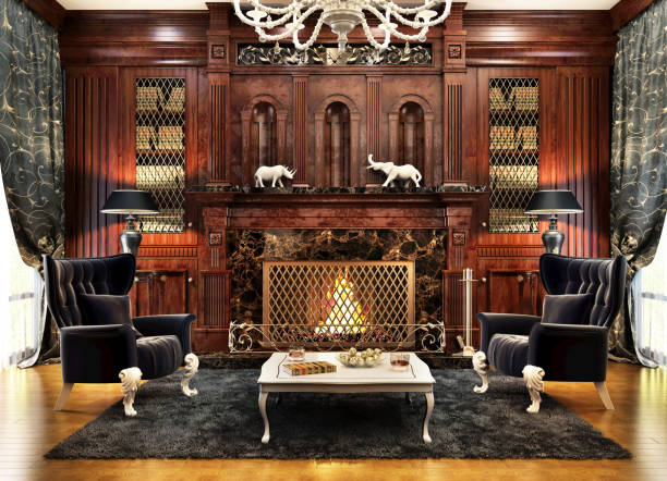 Antique luxurious interior design of the fireplace room in a house