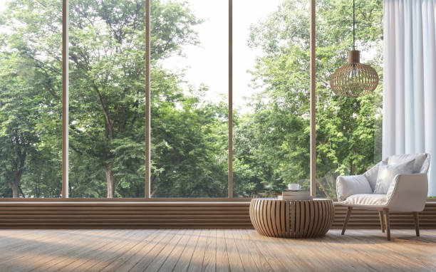 Wood, large windows are part of biophilic design with plenty of sunlight.