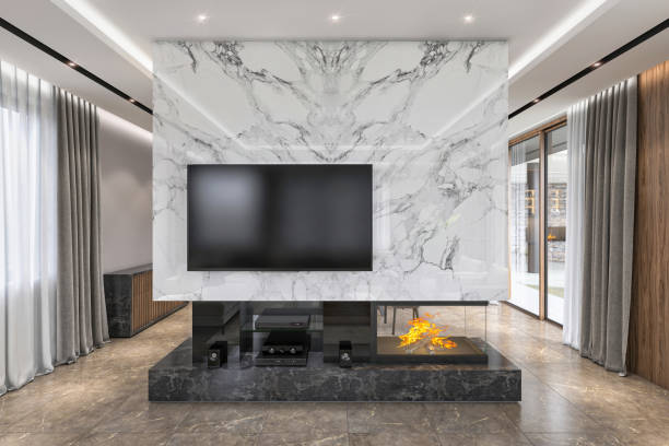 Textured walls and tiles are in the top interior trends in 2023: marble wall as a focal point a touch of drama and  luxury 