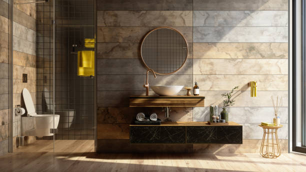 Textured walls and tiles are in the top interior trends in 2023: marble walls in a luxury bathroom 