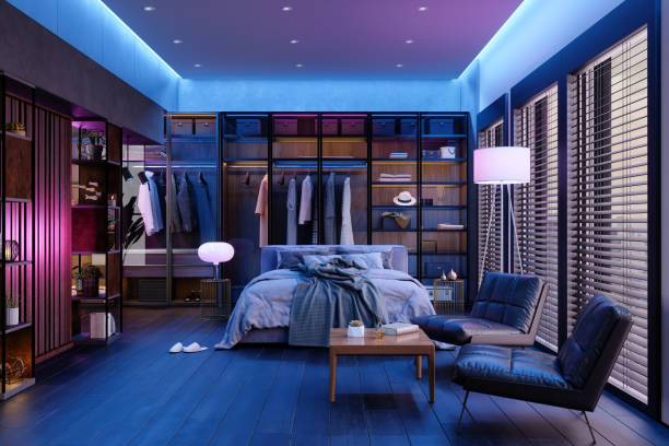 Modern Bedroom Interior At Night With Neon Light. Colors like pink and blue together playful and create contrast