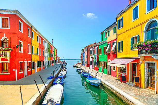 Venice landmark, Burano island, colorful houses and boats. 