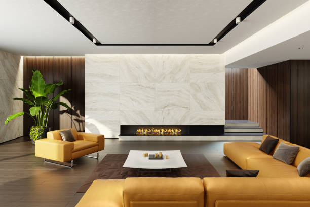 Luxurious living room with natural stone, yellow leather sofa 
White stone table & Dark wooden floor. 
These colors in balance with each other and create a space for social interaction.
