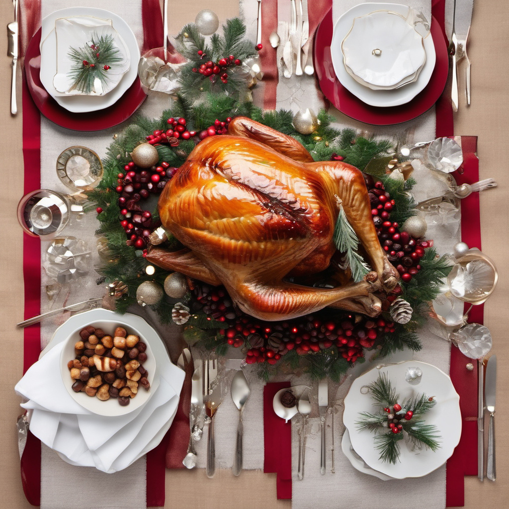 Roast Turkey: Herb-roasted or brined turkey, a centerpiece of the Christmas table.